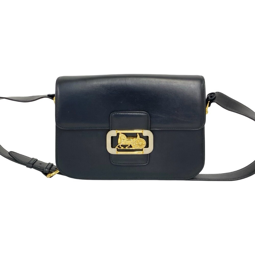 CELINE Vintage Logo Carriage Hardware Calf Leather Genuine Shoulder Bag Pouch...